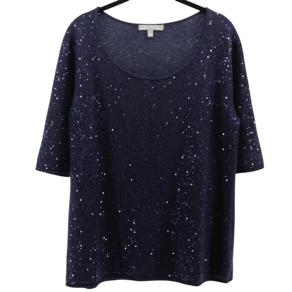 Neiman Marcus Navy Sequin 100% Cashmere Blouse Elegant Mother of the Bride L - Picture 2 of 8